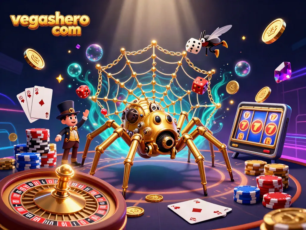 Experience thrilling gameplay with vegashero com featuring a dynamic casino scene filled with a golden spider and steampunk elements.