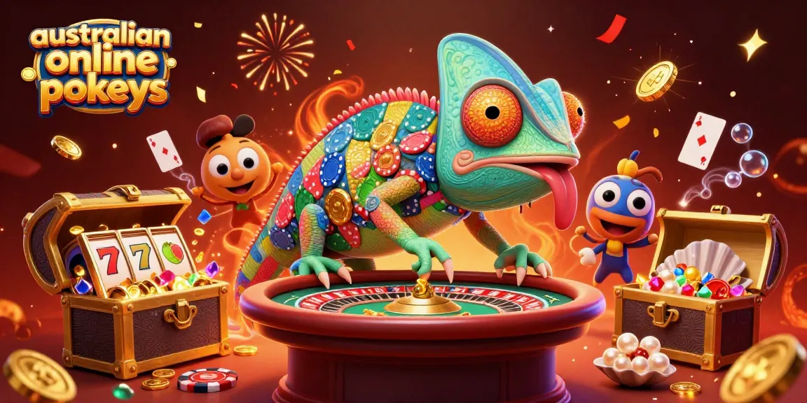 Play thrilling australian online pokies with vibrant characters and bonus symbols swirling around.