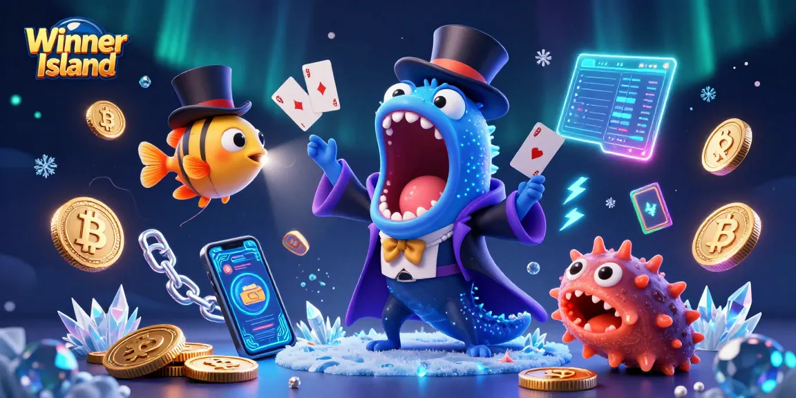 Winner Island showcases a deep-sea gulper eel performing magic tricks surrounded by crypto coins.