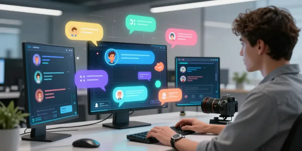 Engaging scene of a user in a futuristic setup enjoying juicy chat ai interactions with vibrant character avatars.