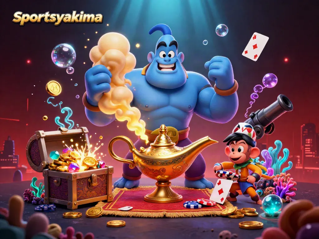 Engaging sportsyakima themed casino illustration featuring a genie, monkey, and poker chips in a vibrant scene.