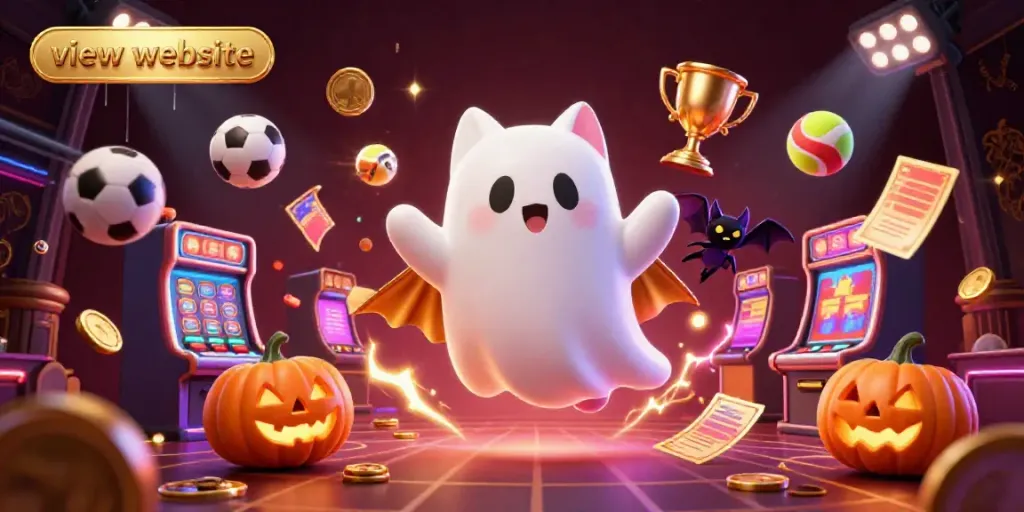 Engage with a vibrant display of gameplay elements in a haunted casino scene while viewing the website.