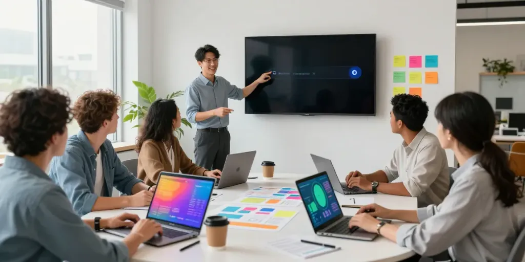 Team discussing AI search optimization strategies in a modern office.