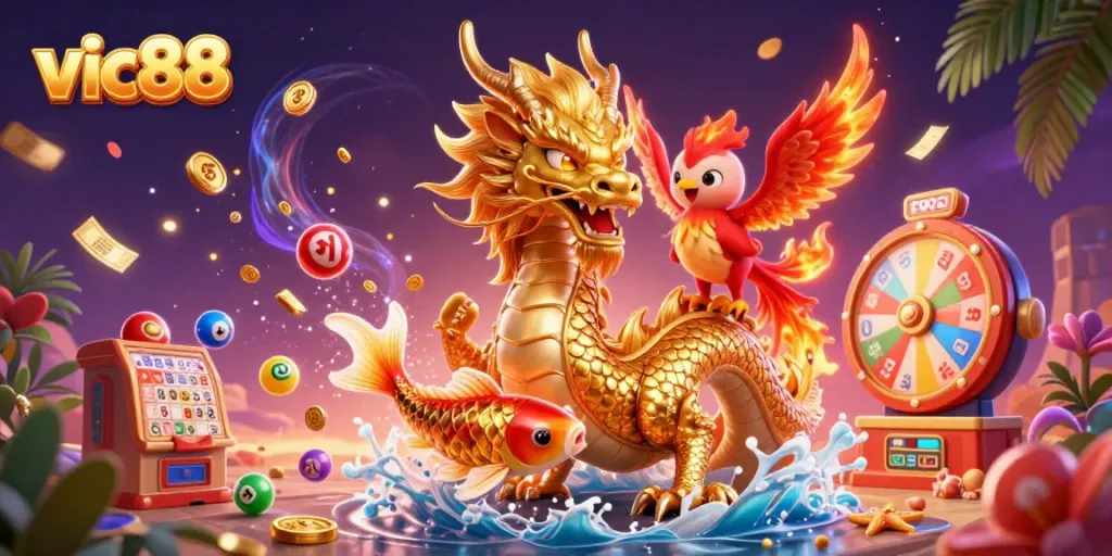 Engage in thrilling games with vic88, featuring lively characters and vibrant casino elements in a dynamic scene.