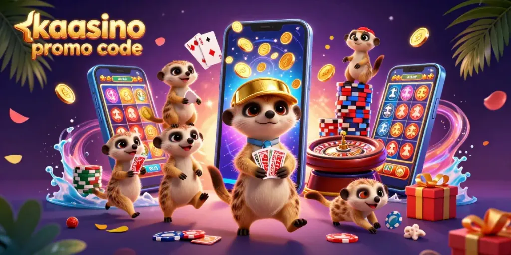 Engage with the lively scene showcasing the kaasino promo code in an animated meerkat casino, packed with vibrant gaming elements.