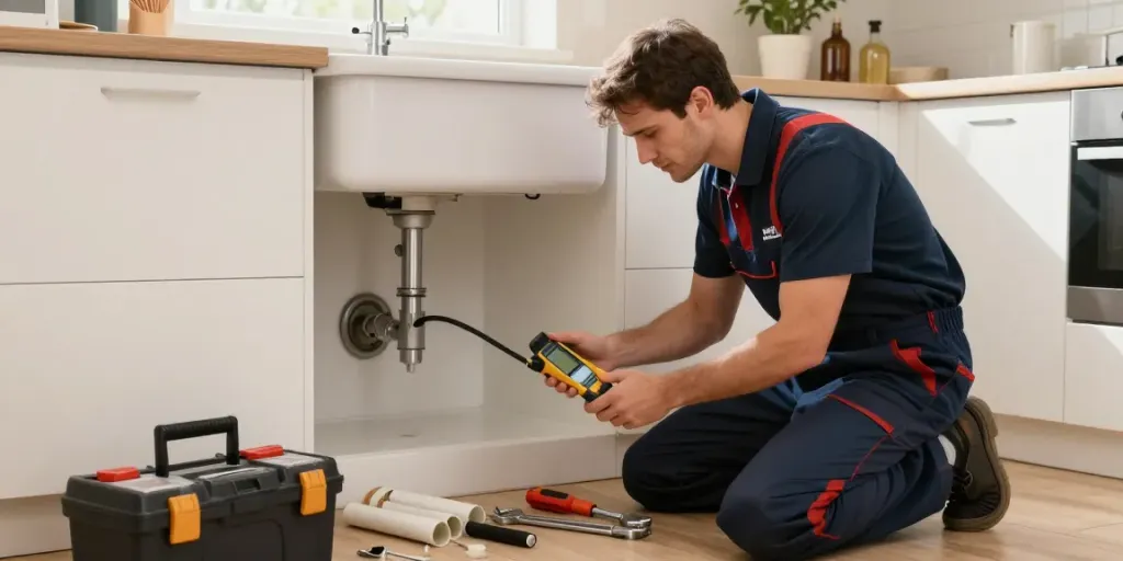 Plumber Brussel die een waterlek onder een keukenwasbak opspoort met professioneel gereedschap.