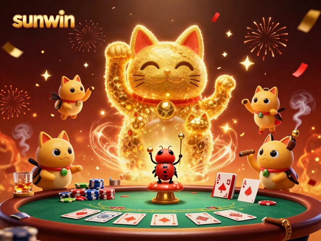 Experience thrilling gameplay with sunwin's online casino featuring vibrant lucky cat and poker elements.