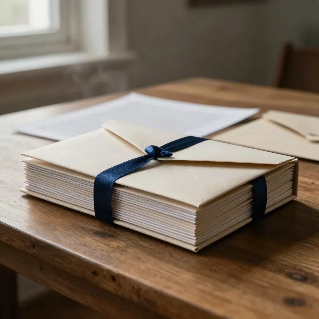 Rouwkaarten in een gebonden doos met enveloppen en blauw lint in een Utrechtse werkruimte