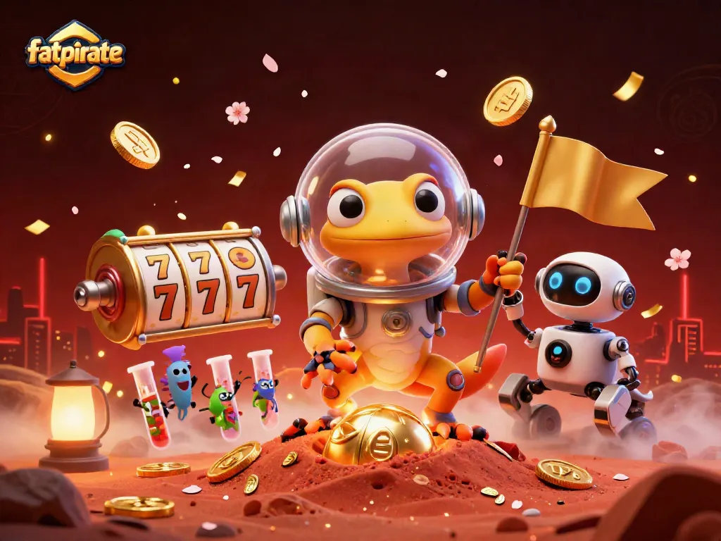 Experience the excitement of fatpirate with a vibrant casino scene featuring a Martian gecko and slot reels.