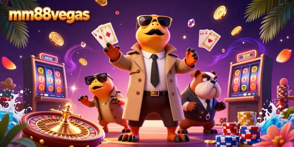 Experience luxury gaming at mm88vegas with a fun illustration of playful raptors in a trench coat at a casino.