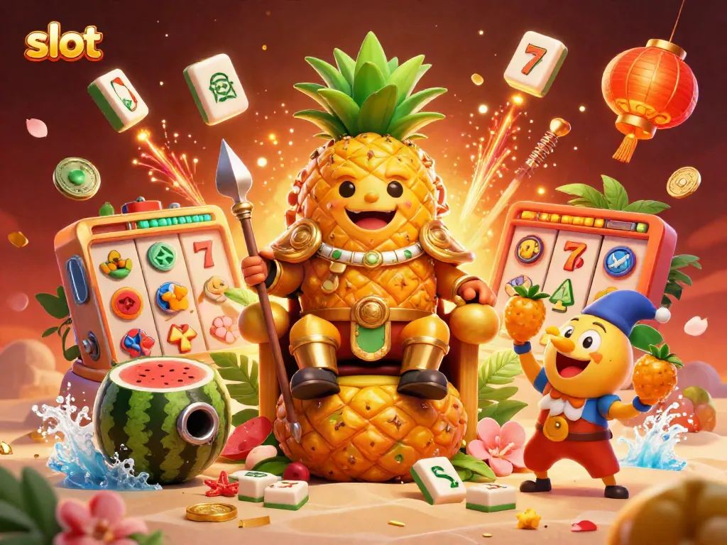 Engage in thrilling slot adventures with a golden pineapple king and colorful casino elements.