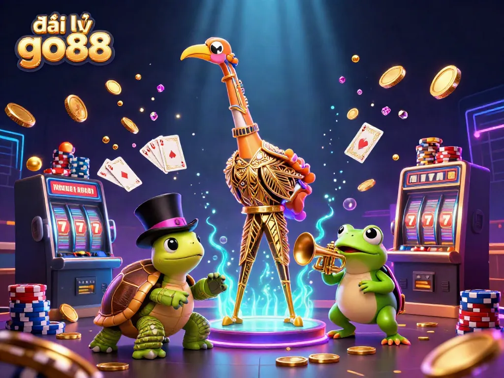 Experience the thrill of đại lý go88 with a vibrant 3D casino scene featuring iconic gambling symbols and lively characters.