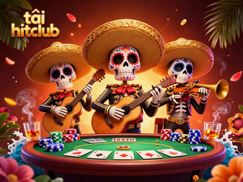 Engage with immersive gameplay at tải hitclub with a vibrant 3D cartoon scene showcasing a mariachi band amidst poker action.
