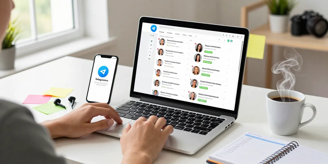 User engaging with Telegram Web Version on a laptop in a modern home office environment, showcasing connectivity and productivity.