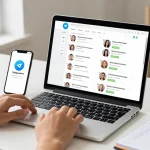 User engaging with Telegram Web Version on a laptop in a modern home office environment, showcasing connectivity and productivity.