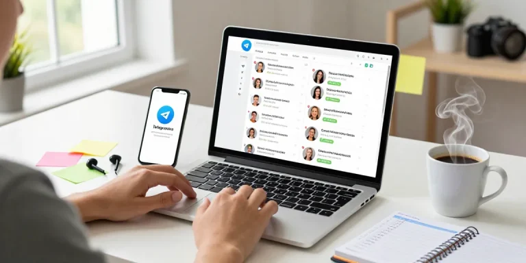 User engaging with Telegram Web Version on a laptop in a modern home office environment, showcasing connectivity and productivity.