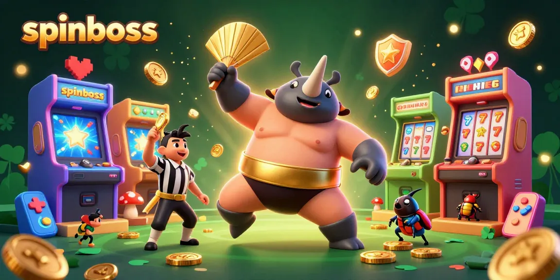 SpinBoss showcases a lively casino scene with a rhinoceros beetle champion, golden coins, and vibrant game elements.