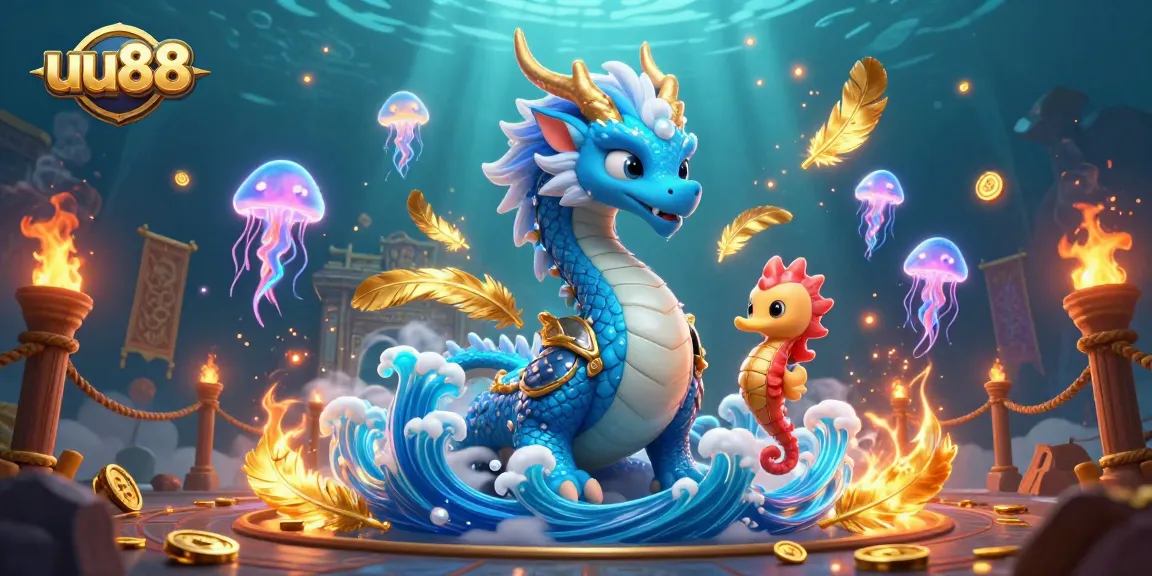 Experience the thrill of uu88 gaming with a vibrant 3D underwater scene showcasing a majestic water dragon.
