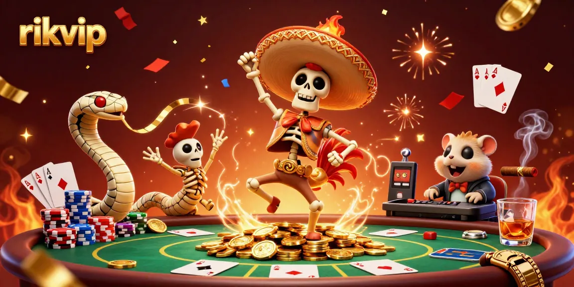 Experience the excitement at rikvip with a vibrant 3D casino celebration featuring colorful characters and poker elements.