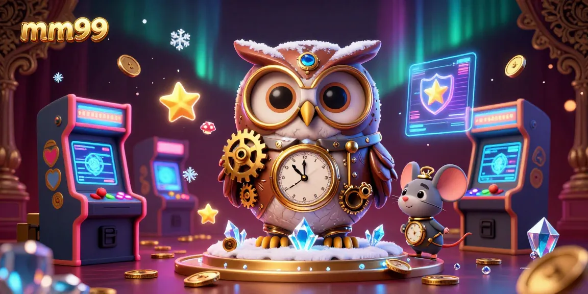 Experience thrilling gaming at mm99 with a steampunk owl and retro casino elements in this vibrant 3D illustration.